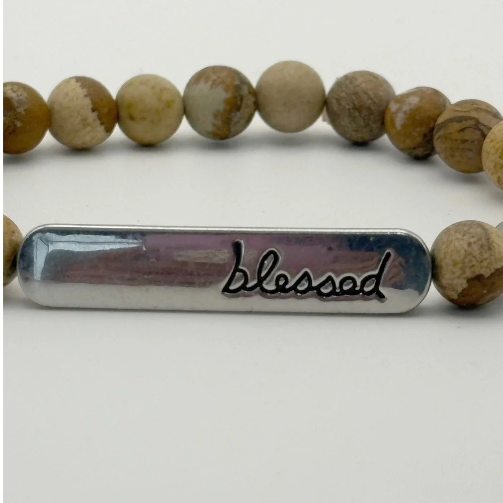 Blessed Bar Beaded Bracelet Women OS Brown Jasper Stone Faith Jewelry Religious